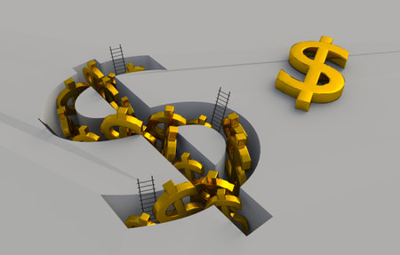 Dollar sign and ladder in the hole. 3D illustration.の写真素材