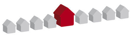 Red house in a row of gray houses. Real estate concept.の写真素材