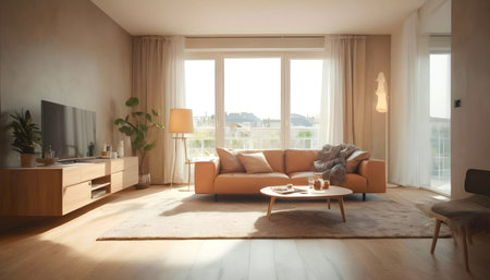 interior of modern living room with sofa and coffee table in sunny dayの素材
