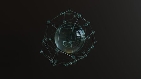 Abstract 3d rendering of chaotic structure. Futuristic shape with glowing particles.
