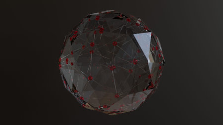 3d rendering of low poly crystal with red gems on black background
