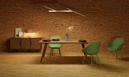 Interior of modern dining room with brick wall and green armchairsの写真素材
