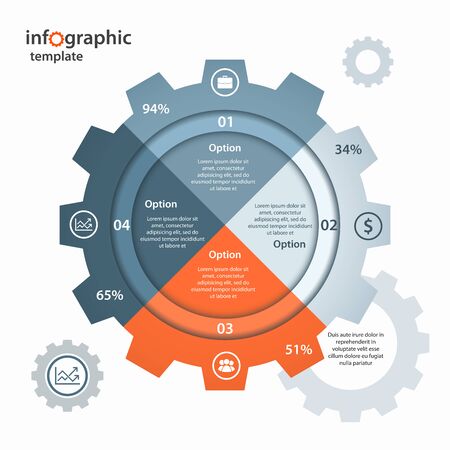 gear circle infographic template for business and industry. Business and industrial concept with 4 processes, options, parts, steps. Can be used for infographics, diagram, graph, presentation.のイラスト素材