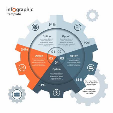 gear circle infographic template for business and industry. Business and industrial concept with 5 processes, options, parts, steps. Can be used for infographics, diagram, graph, presentation.のイラスト素材