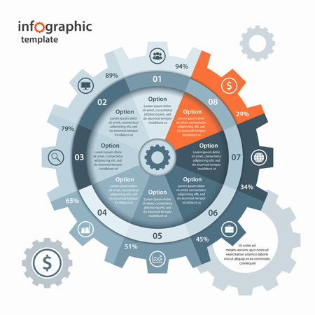 gear circle infographic template for business and industry. Business and industrial concept with 8 processes, options, parts, steps. Can be used for infographics, diagram, graph, presentation.のイラスト素材