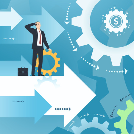 Businessman and working business. Illustration with gear wheels, cogwheels.のイラスト素材