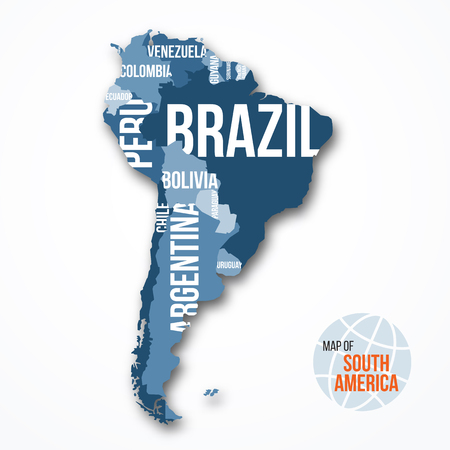 Vector detailed map of South America with borders and country names. Education, business and travel infographic concept.のイラスト素材