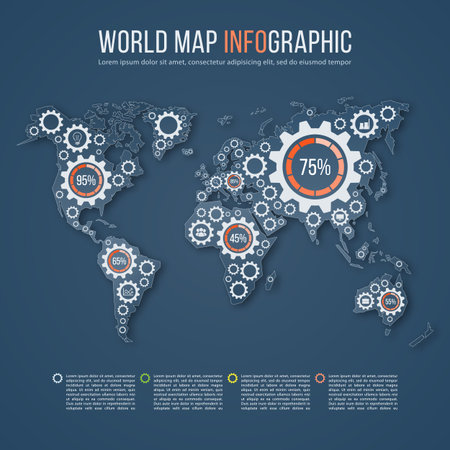 Vector world map business infographics template with gear marks. All continents are selectable.のイラスト素材