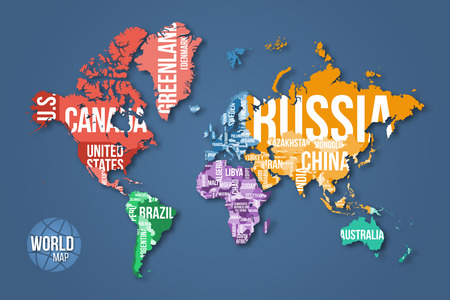 Vector detailed world map with borders and country names. Education, business and travel infographic concept.のイラスト素材
