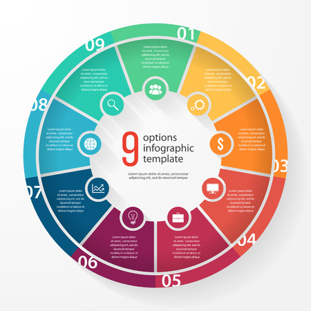 business pie chart template for graphs, charts, diagrams. Business circle infographic concept with 9 options, parts, steps, processes.のイラスト素材