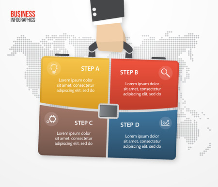 Vector infographic with businessman holding bag, briefcase. Business and travel concept with 4 processes, options, parts, steps for graphs, charts, diagrams, presentation, website layout.のイラスト素材