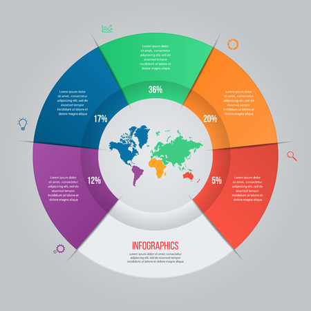 Vector pie chart template for graphs, charts, diagrams. Business circle infographic concept with world map with 5 options, parts, steps, processes.のイラスト素材
