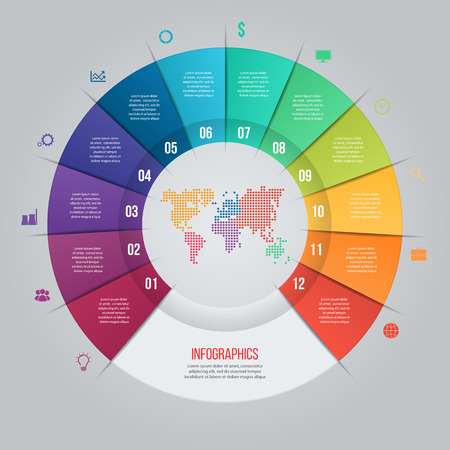 Vector pie chart template for graphs, charts, diagrams. Business circle infographic concept with 12 options, parts, steps, processes with world map inside.のイラスト素材