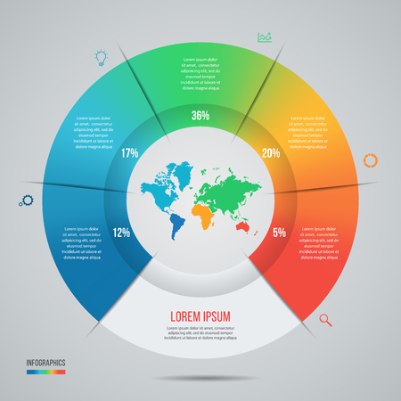 Vector pie chart template for graphs, charts, diagrams. Business circle infographic concept with world map with 5 options, parts, steps, processes.のイラスト素材