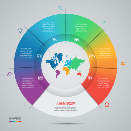 Vector pie chart template for graphs, charts, diagrams. Business circle infographic concept with world map with 6 options, parts, steps, processes.のイラスト素材