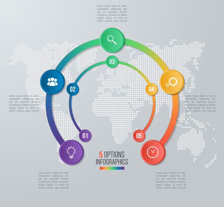 Vector circle infographic template for graphs, charts, diagrams. Business concept with 5 options, parts, steps, processes with world map on the background.のイラスト素材