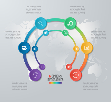 Vector circle infographic template for graphs, charts, diagrams. Business concept with 6 options, parts, steps, processes with world map on the background.のイラスト素材