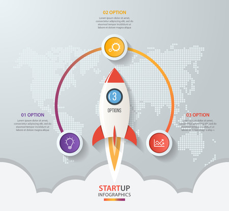 Startup vector circle infographics with rocket launch and styled world map. 3 options, parts, steps, processes business concept for graphs, charts, diagrams.のイラスト素材