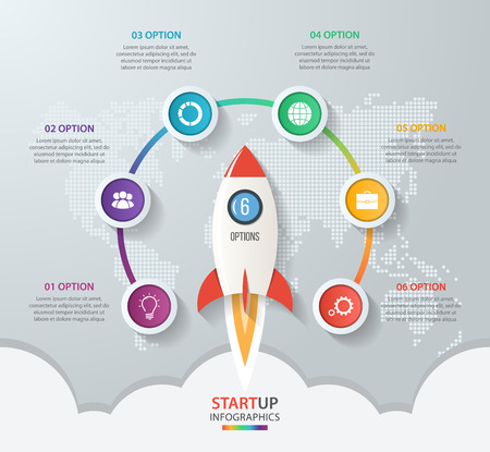 Startup vector circle infographics with rocket launch and styled world map. 6 options, parts, steps, processes business concept for graphs, charts, diagrams.のイラスト素材