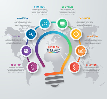 Vector idea light bulb circle infographic template for graphs, charts, diagrams. Business concept with 8 options, parts, steps, processes.のイラスト素材