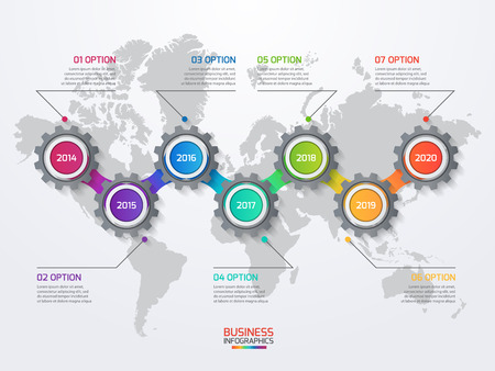 Vector infographic template with gears and world map. Business and industry concept with 7 options, parts, steps, processes.のイラスト素材