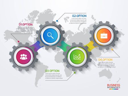 Vector infographic template with gears and world map. Business and industry concept with 4 options, parts, steps, processes.のイラスト素材