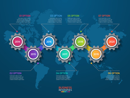 Vector infographic template with gears and world map. Business and industry concept with 7 options, parts, steps, processes.のイラスト素材