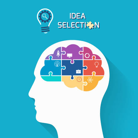 Idea selection and startup business concept. Human head with puzzle style brain. Infographic template. Vector illustration.のイラスト素材