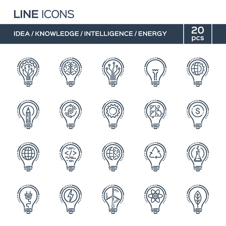 Thin line icons set. Ideas, knowledge, intelligence, energy. Vector illustrationのイラスト素材