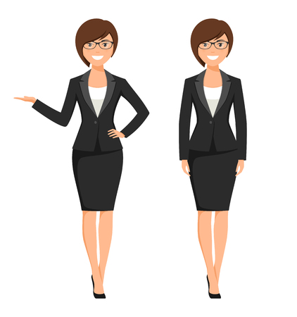 Vector illustration of a young cartoon style smiling businesswoman in a black suitのイラスト素材