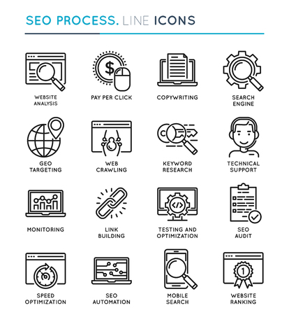SEO Search Engine Optimization process thin line icon set. Editaのイラスト素材