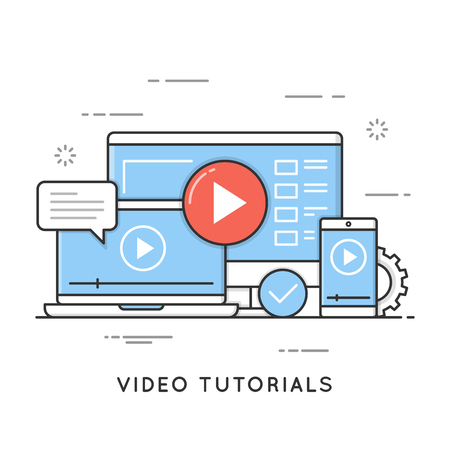 Video tutorials, online training and learning, webinar, distanceのイラスト素材