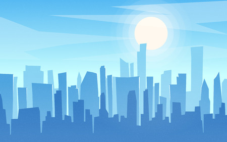 Daytime cartoon flat style cityscape, skyline, skyscrapers panorのイラスト素材