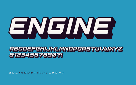 Styled sans serif industrial display font, typeface, uppercase letters and numbers, alphabet. Global swatches.のイラスト素材