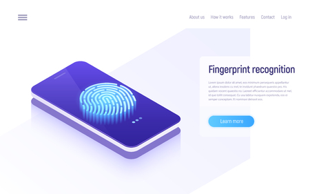 Fingerprint recognition, data protection, secure access, user identification isometric concept. Vector illustrationのイラスト素材