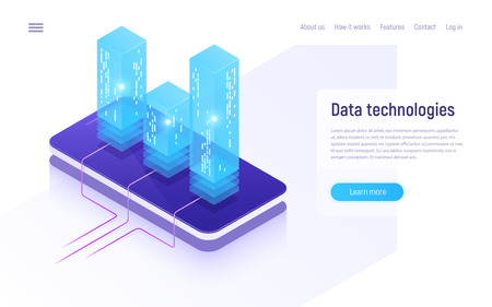 Digital information technologies, networking, data processing, cloud storage isometric concept. Vector illustrationのイラスト素材