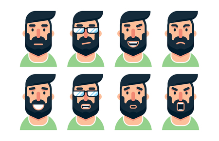 Cartoon bearded man character with various facial expressions. Vector illustration.のイラスト素材