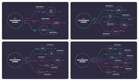 Thin line infographic schemes with 3 4 5 6 options. Vector templates for web, presentations, reports, visualizations. Editable stroke.のイラスト素材