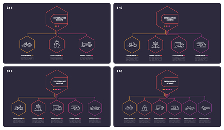 Thin line infographic schemes with 3 4 5 6 options. Vector templates for web, presentations, reports, visualizations. Editable stroke.のイラスト素材