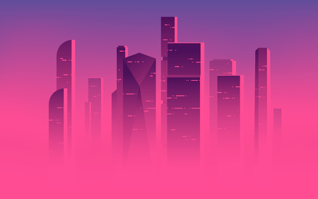 Minimalist vector illustration of a skyscrapers above the clouds, city highrises in a misty fog.