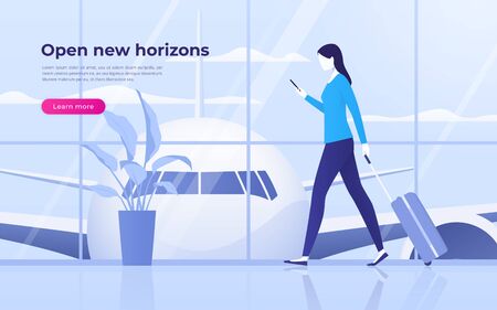 Vector illustration of a traveling young woman with mobile phone and suitcase at the airport terminalのイラスト素材