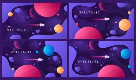 Set of vector illustration on the topic of outer space, interstellar travels, universe and distant galaxiesのイラスト素材