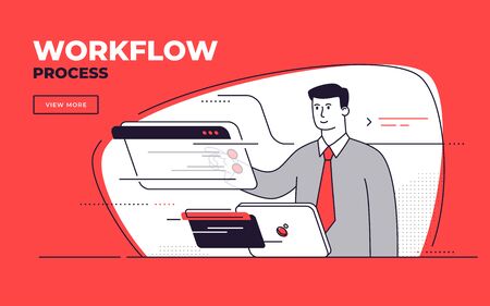 Vector flat style illustration on a workflow management, process efficiency, business controlのイラスト素材