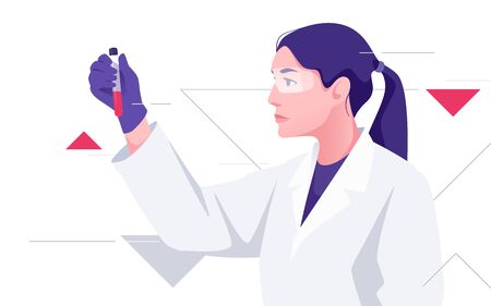 A woman medical scientist works with the blood sample. Vector illustration on the topic of medicine, science, research, microbiologyのイラスト素材
