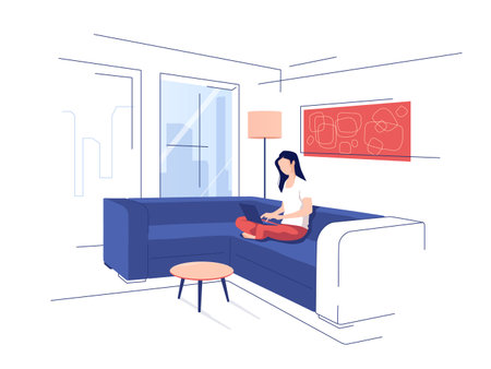 Vector illustration depicting a young girl in a modern interior using a laptop while sitting on a home sofaのイラスト素材