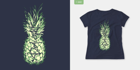 Summer graphic women's tee with pineapple, stylish print, vector illustrationのイラスト素材