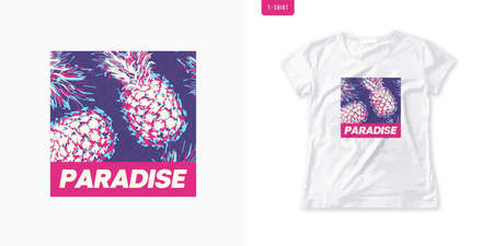 Vivid graphic womens tee with pineapple, stylish print, vector illustrationのイラスト素材