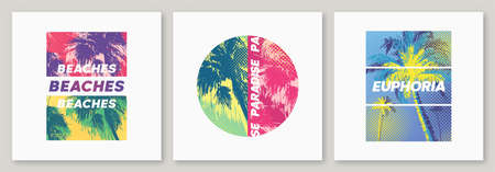 Summer graphic tee designs with palm trees, stylish prints, colorful vector illustrationsのイラスト素材