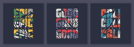 Set of colorful tropical vector t-shirt designs, posters, prints, labelsのイラスト素材