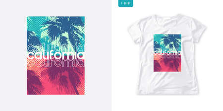 Summer graphic womens tee with palm trees, stylish print, colorful vector illustrationのイラスト素材